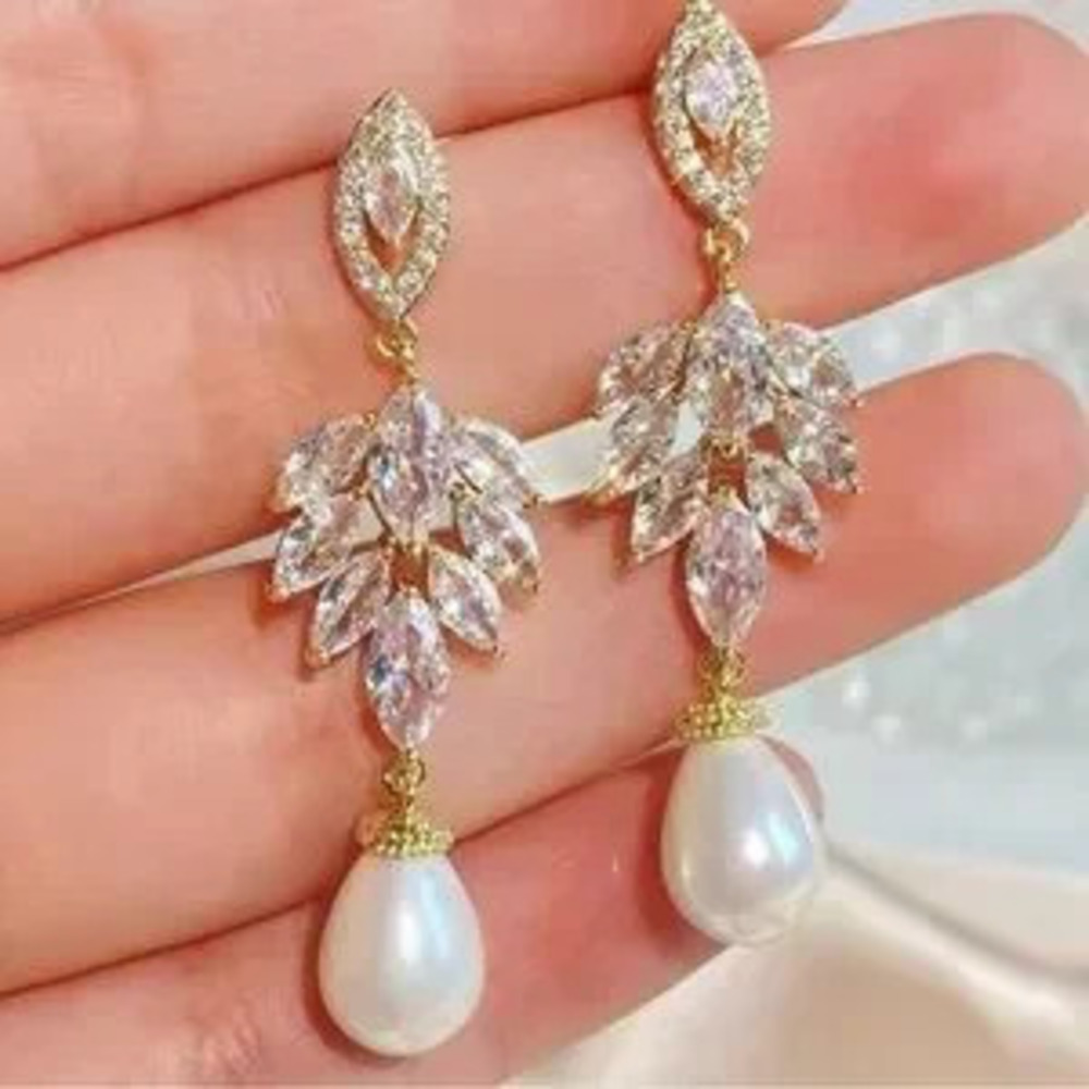 Cubic Zirconia Leaf Dangle Earrings Bride Earrings